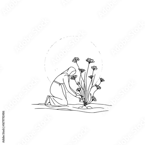 Line art illustration of woman gardening tending flowers minimalist design vector graphic artwork for print 100