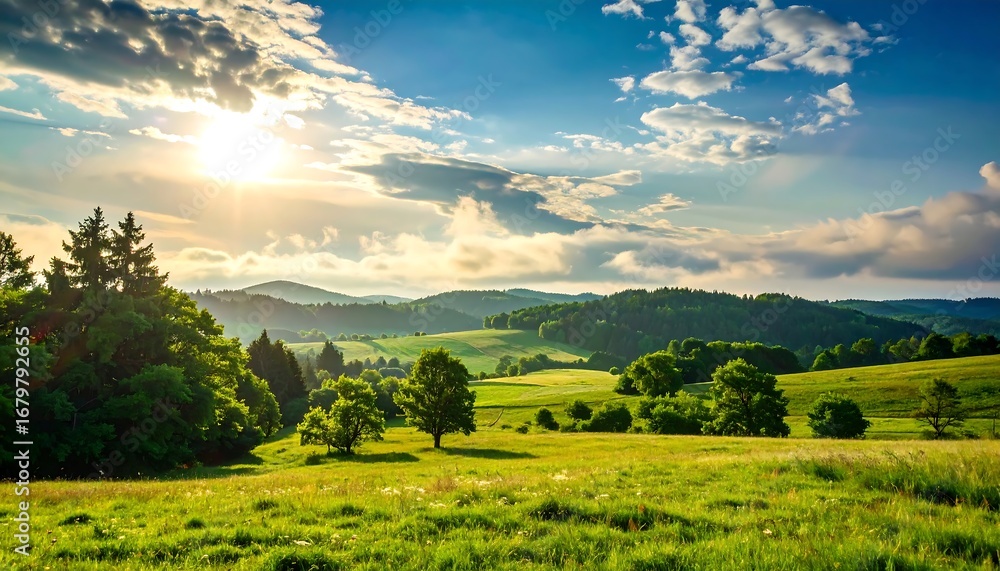 Fototapeta premium Lush green meadow landscape at sunset