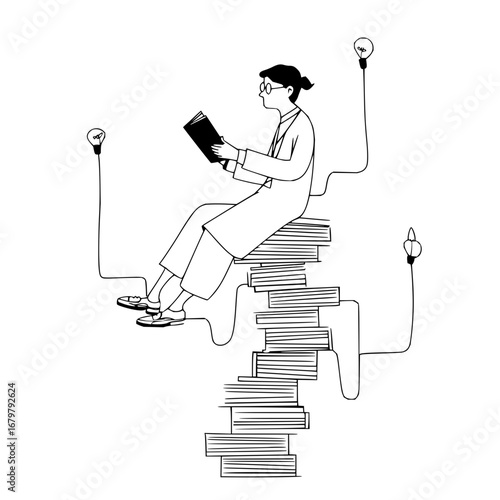 Illustration of woman reading on books stack with light bulbs for education and learning concept