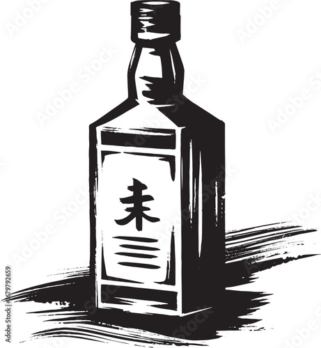 Stylized whiskey bottle icon in monochromatic sumi-e, bold minim