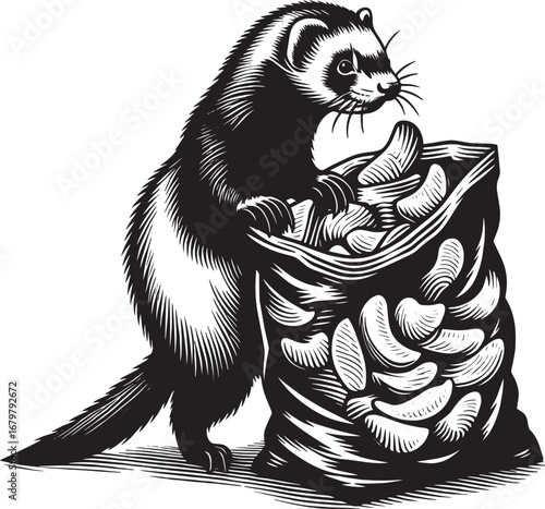 Charming Black and White Illustration of a Ferret Reaching into a Bag of Chips