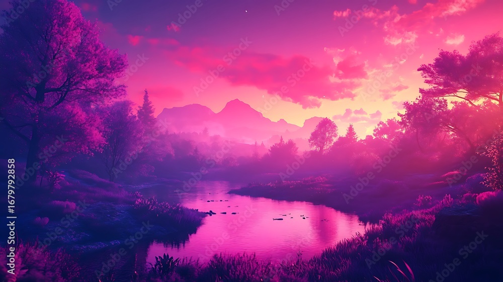 Naklejka premium Peaceful mountain scenery illuminated by soft warm sunrise image