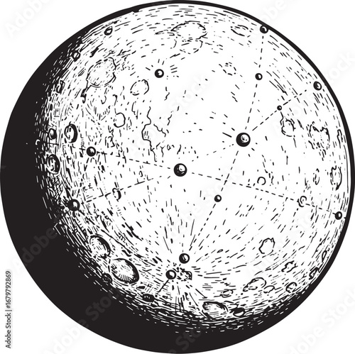 Monochromatic rendering of a celestial body with craters and geo