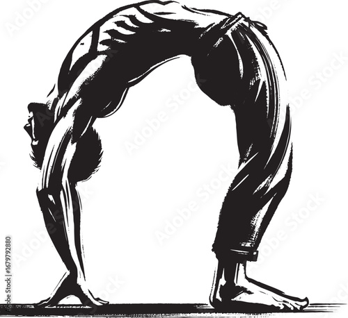 Sumi-e artistic rendition of a man performing an extreme backben