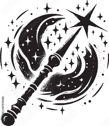 Enigmatic Dark Magic Wand Icon with Sumi-e Style Brush Strokes a