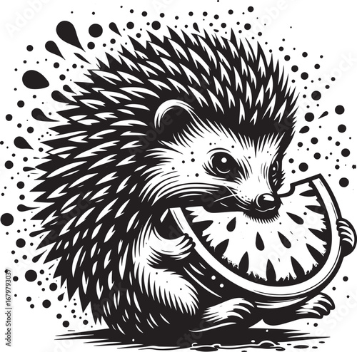 Adorable black and white illustration of a hedgehog enjoying a slice of juicy watermelon