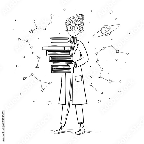 Woman scientist holding books with constellations and planet astrology education vector art design