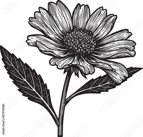 Detailed Black and White Woodcut Illustration of a Wildflower wi