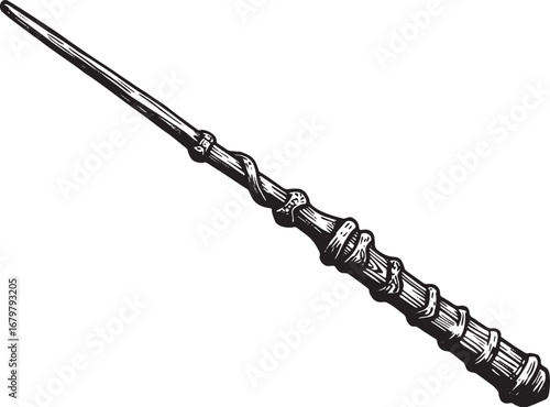 Monochrome rendition of a handcrafted woodcut wizard's wand, det