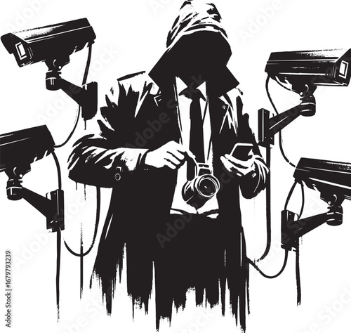 Ephemeral surveillance: A figure manipulates cameras in minimali