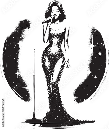 Elegant monochrome illustration of a radiant woman singing on st