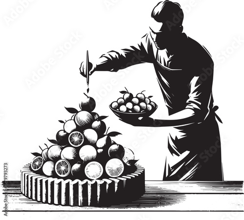 Artistic fruit tart creation with delicate arrangement in black