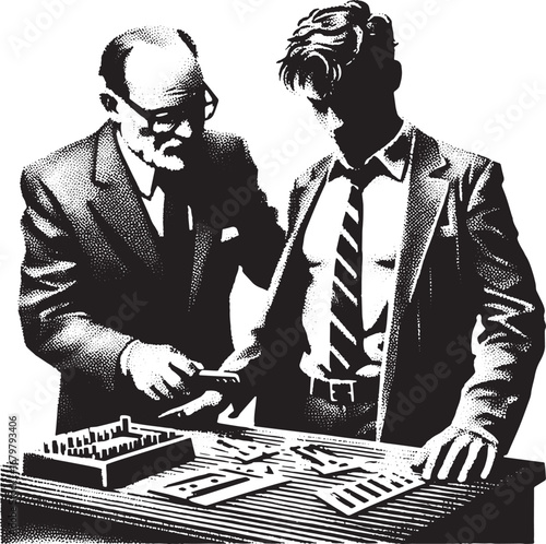 Two Men in Suits Examining Documents and a Puzzle on a Table, Consulting, Discussing Business