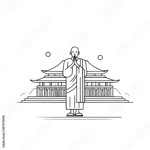 Stock vector illustration of buddhist monk praying in front of temple for meditation and peace of mind