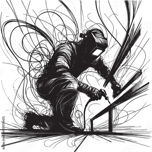 Black and white illustration of a welder at work, kneeling and welding metal structures