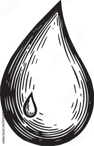 Hand-drawn woodcut illustration of a simple water droplet on a c