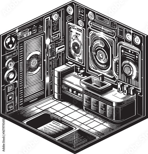 Isometric View of a Futuristic Bathroom Interior with Technological Interface Elements Design