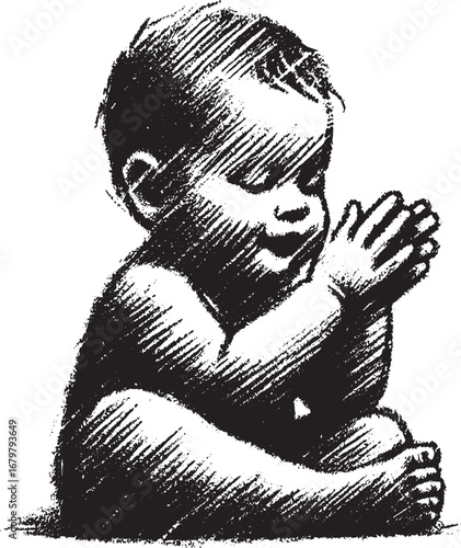 Charming sketch of a baby with clasped hands smiling in a moment of pure joy