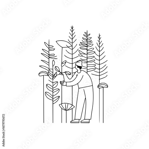 Minimalist line art illustration of a person in a forest exploring nature and enjoying the outdoors scene