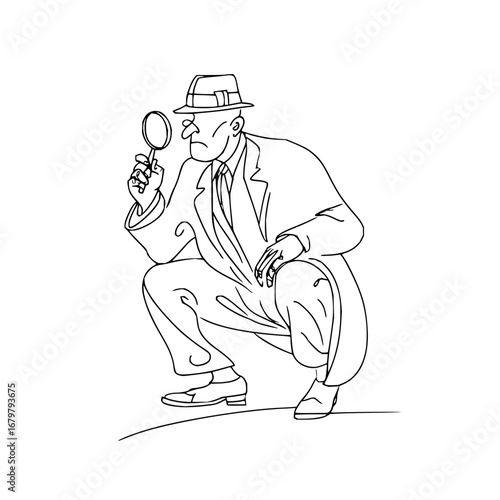 Detective investigating outline drawing vector illustration for crime scene investigation and evidence search