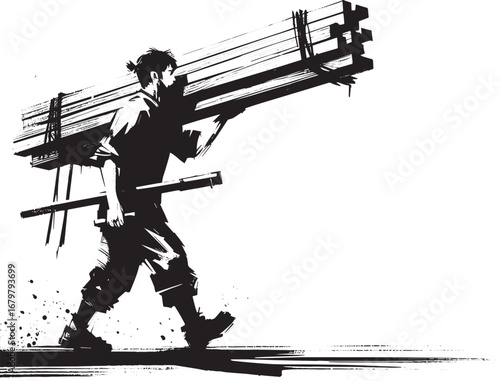 Monochrome illustration depicting a construction worker carrying