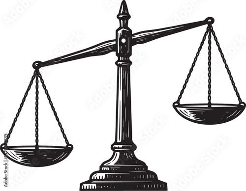 Vintage woodcut illustration of scales of justice isolated on wh