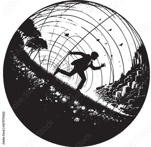 Silhouette of a Man Running Downhill Inside a Sphere Representing a Concept or Challenge