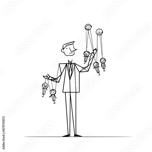 Manipulation business concept art showing control and power with stick figure puppets in black and white style