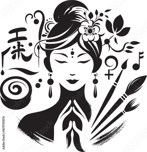 Minimalist sumi-e depiction of woman with cultural and artistic