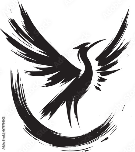 Minimalist sumi-e style Illustration of a Bird Phoenix in flight