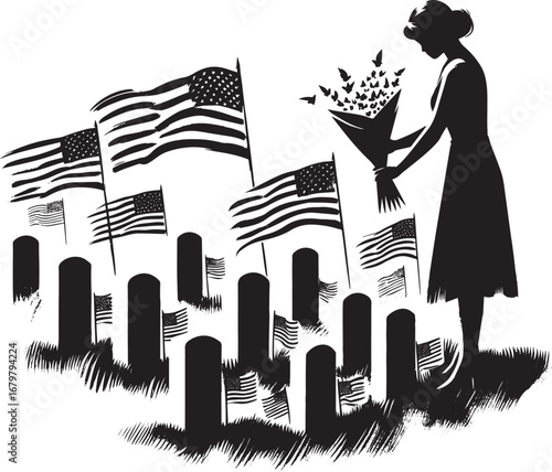 Silhouette of woman honoring veterans at gravesite with minimali