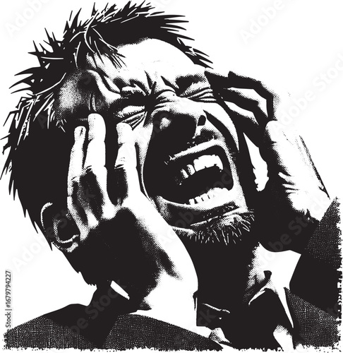 Intense portrait of a man expressing extreme frustration and emotional distress in black and white