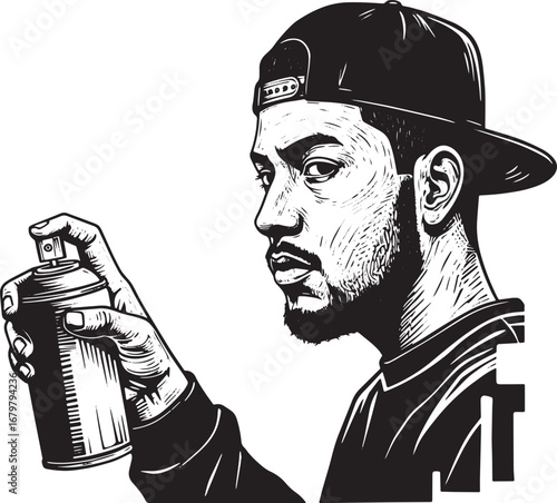 Monochrome woodcut style illustration of urban artist with spray