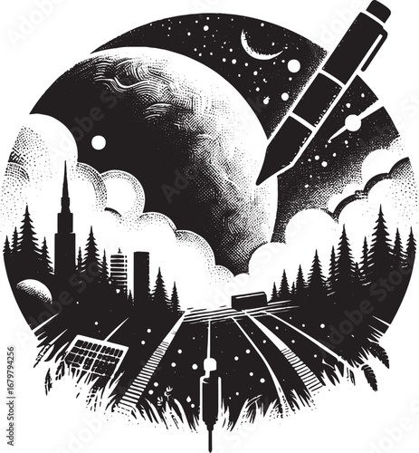 Artistic illustration depicting a futuristic cityscape, highway, and celestial elements in black