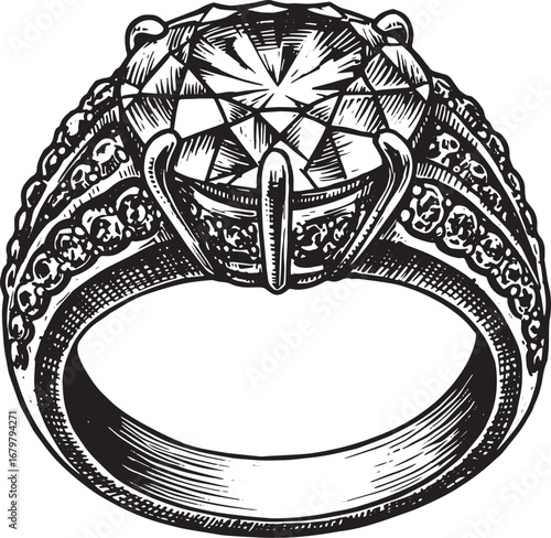 Elegant Ringstone Illustration, Woodcut Style, Black and White I