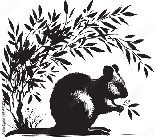 Monochrome illustration of a Quokka eating leaves, surrounded by foliage and plants in its habitat