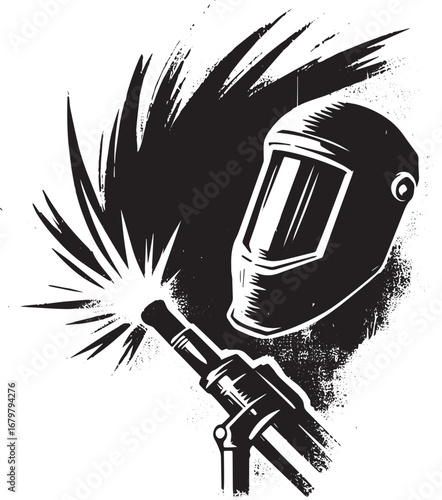 Welding with protective gear depicted in minimalist sumi-e art s