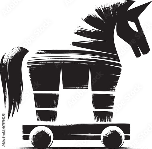 Monochrome Trojan Horse Vector Illustration in Sumi-e Style with