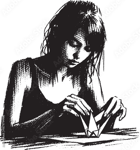Illustration of a Young Woman Skillfully Folding Origami Paper into a Bird Shape