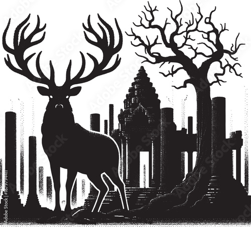 Silhouette of a majestic deer with large antlers standing before an ancient temple