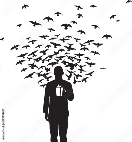 Black silhouette of a person holding a lantern with a flock of birds flying around their head male human