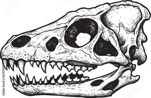Detailed reptile skull illustration in woodcut style on isolated