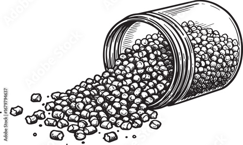 Stylized monochrome illustration of rodenticide pellets spilling