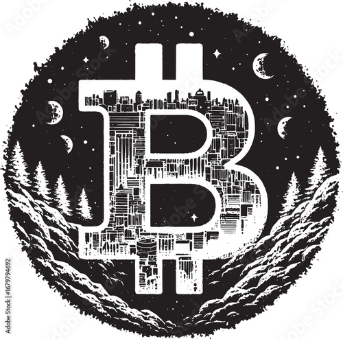 Creative Bitcoin Logo with Cityscape and Forest Scene for Cryptocurrency Concepts