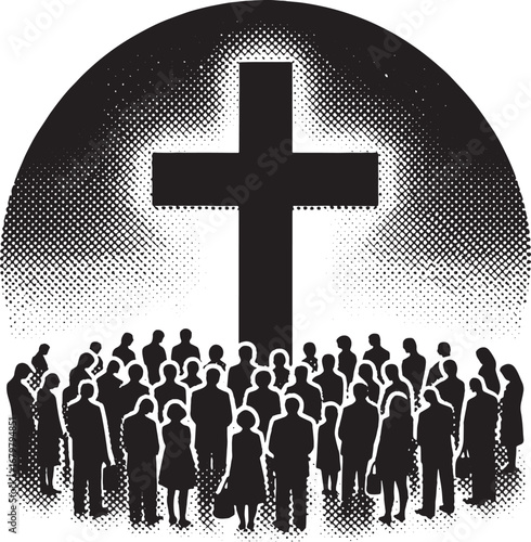 Silhouette of a Church Cross with a Crowd of People, Representing Faith and Community