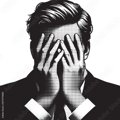A black and white illustration depicting a man covering his face with his hands, feeling anxious