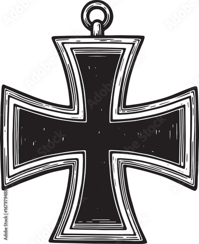 Iron Cross illustration in woodcut style, graphic design, black