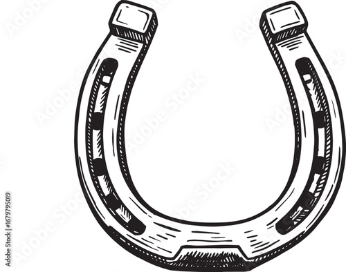 Hand-Drawn Horseshoe: Vintage Charm in Black and White Isolated