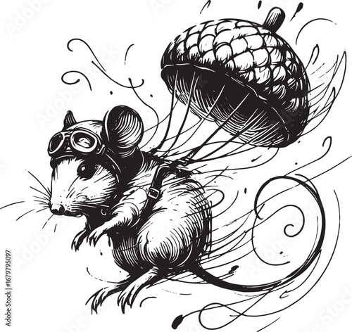 Whimsical illustration of a mouse with pilot goggles gliding with an acorn parachute in mid-air