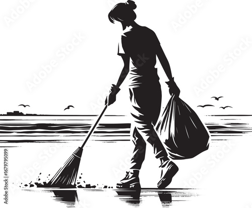 Sumi-e illustration of woman cleaning beach, picking up litter w